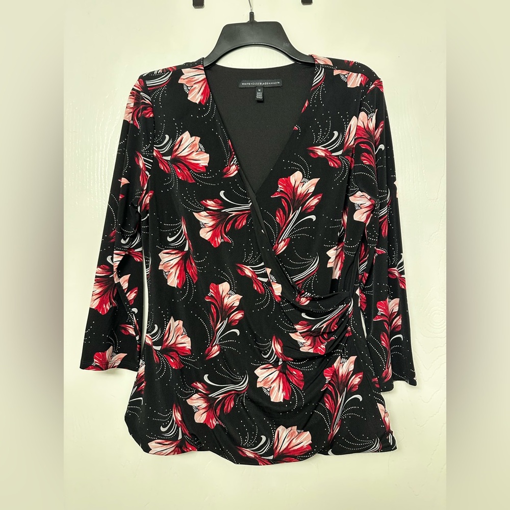 White House Black Market Black and Red Floral Blouse Size M